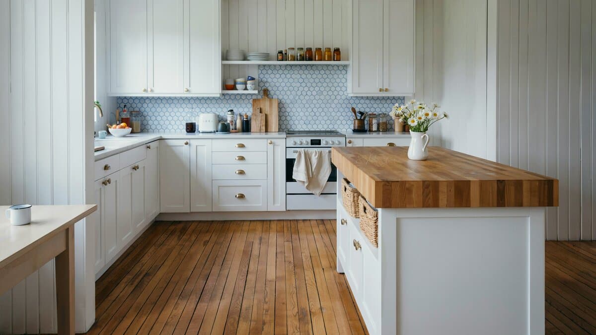 Blue patterned backsplash above white cabinets with an oak butcher block island