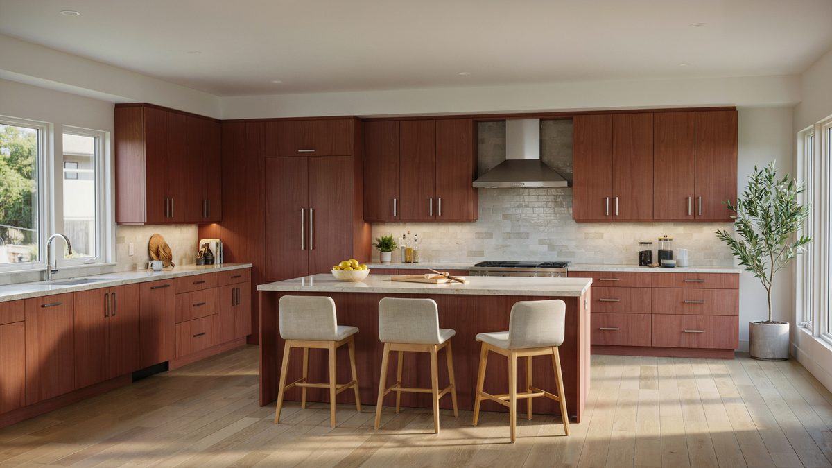 Cherry kitchen with three upholstered stools stainless hood and light stone backsplash