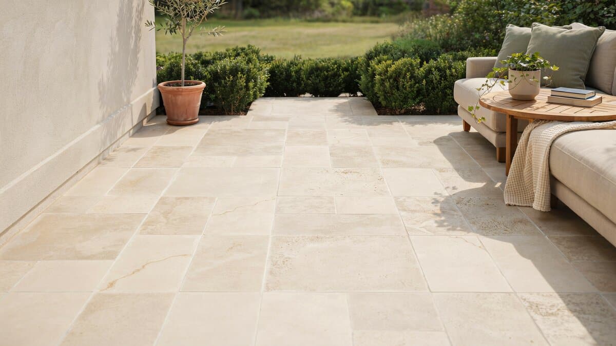 Cream travertine tiles running from a stucco wall out to clipped hedges