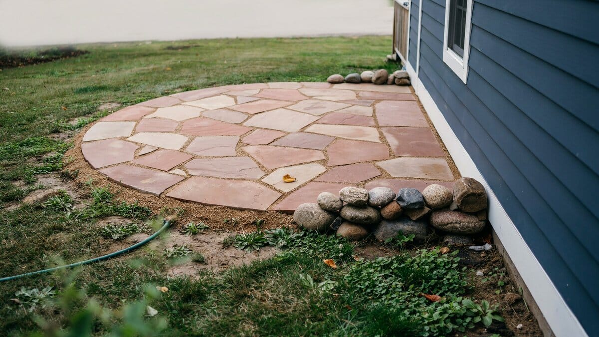 Round flagstone patio edged in river rock beside blue lap siding