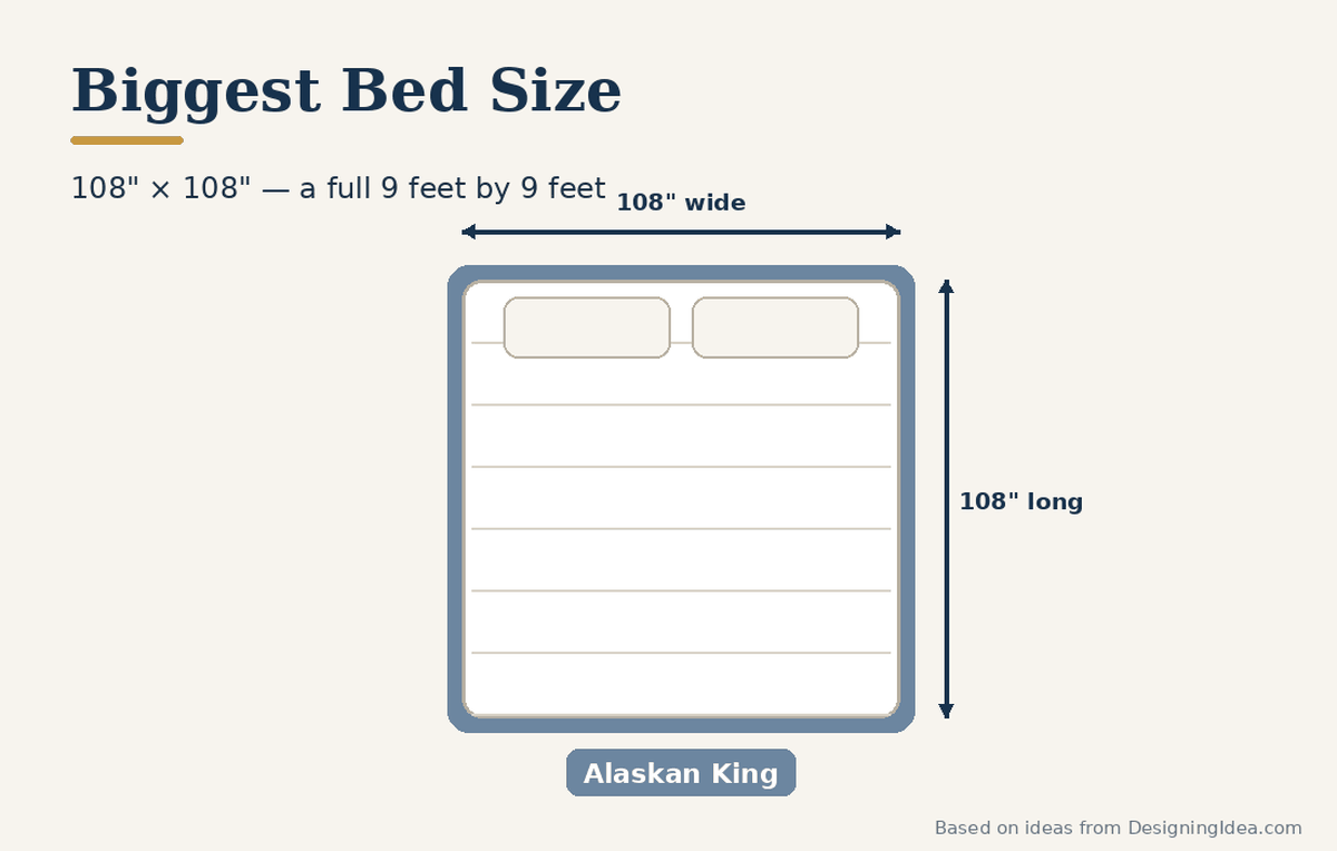 Alaskan king bed illustration forming a square nine feet across on every side