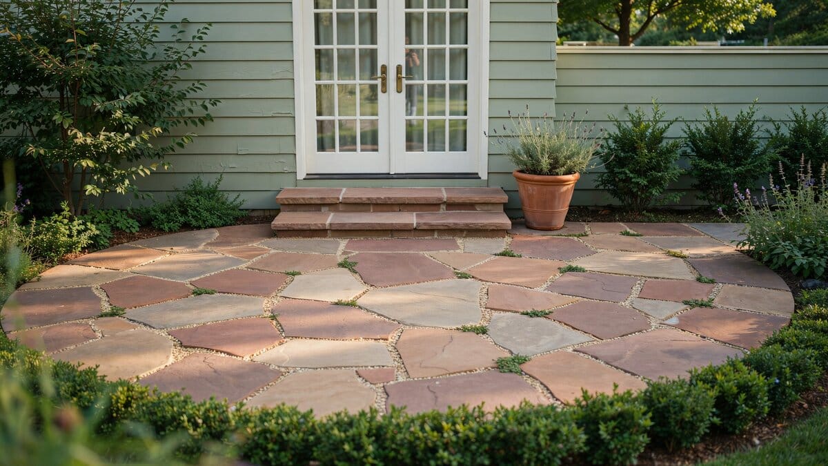Rounded flagstone patio and steps meeting white French doors on green siding