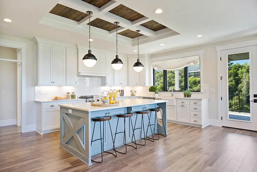 Contemporary kitchen with arctic white quartz countertops, veneer cabinets and engineered wood floors