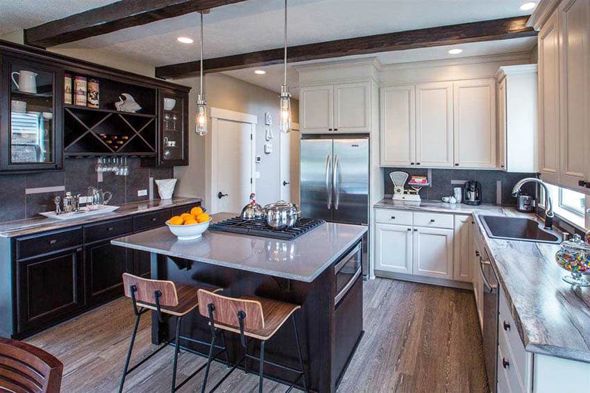 Contemporary kitchen with two tone cabinets black and white with marble countertops