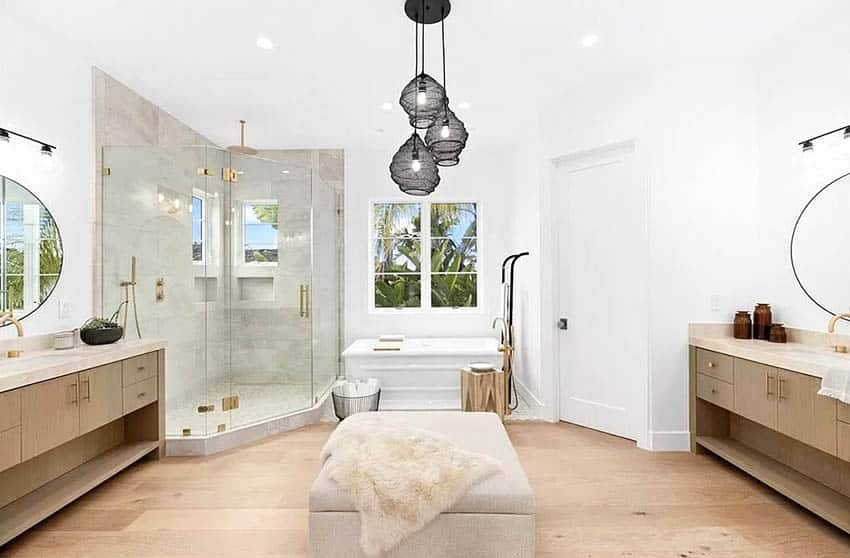 Contemporary master bathroom remodel with rainfall shower and tub