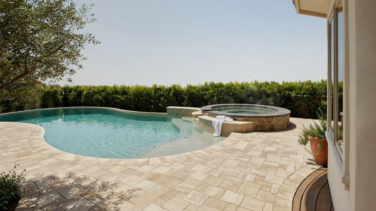 Freeform custom pool with a shallow tanning shelf and round raised spa