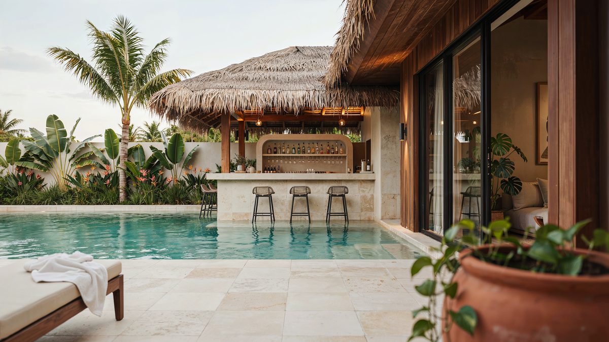 Swim up bar with submerged stools beneath a thatched roof poolside counter