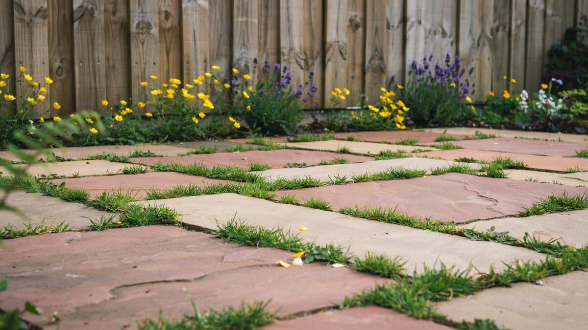 Grass and wildflowers filling the joints between wide reddish flagstone slabs