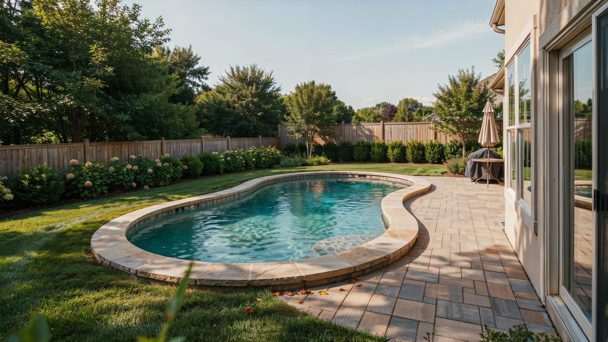 Curved inground pool wrapping a paver patio beside a hedged backyard lawn