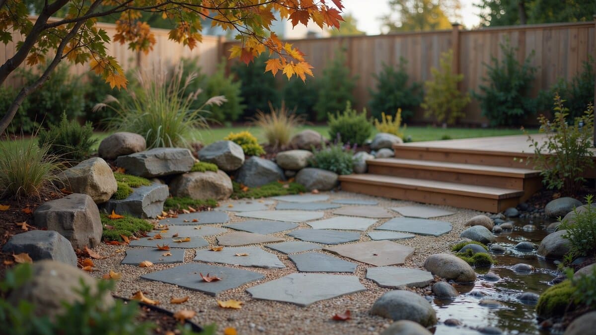 Irregular slate stepping stones beside a boulder stream and wooden deck steps
