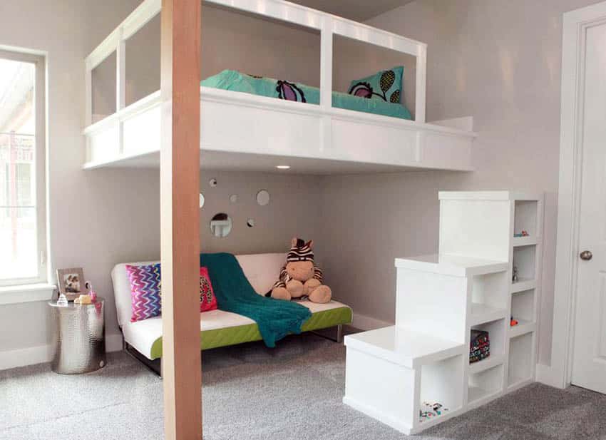 Kids bedroom with loft bed and stairs storage and room divider