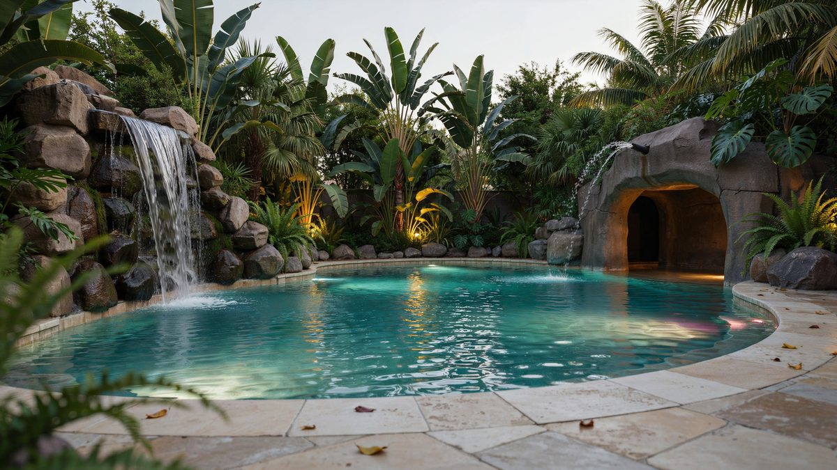 Lagoon pool fed by twin rock waterfalls beside a shaded stone grotto