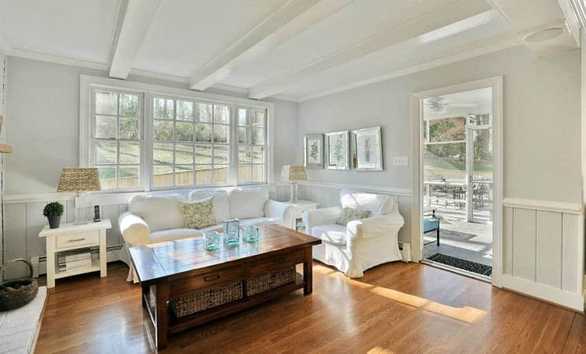 Living room with light gray eggshell paint finish and wood flooring