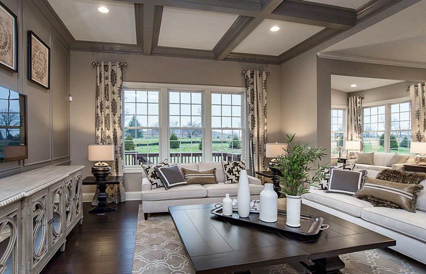 Living room with squirrel tail gray paint earth tone flooring wood beams