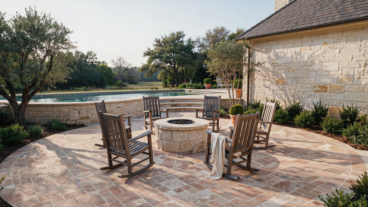 Rocking chairs around a coral stone fire pit near a pool and limestone house
