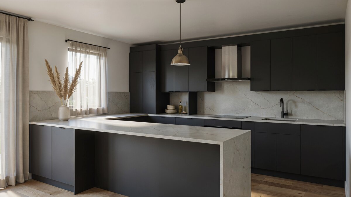 Charcoal flat panel cabinets meet an iced white quartz waterfall island