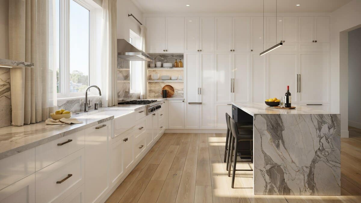 High gloss white cabinets frame a Calacatta marble island in a sunlit kitchen
