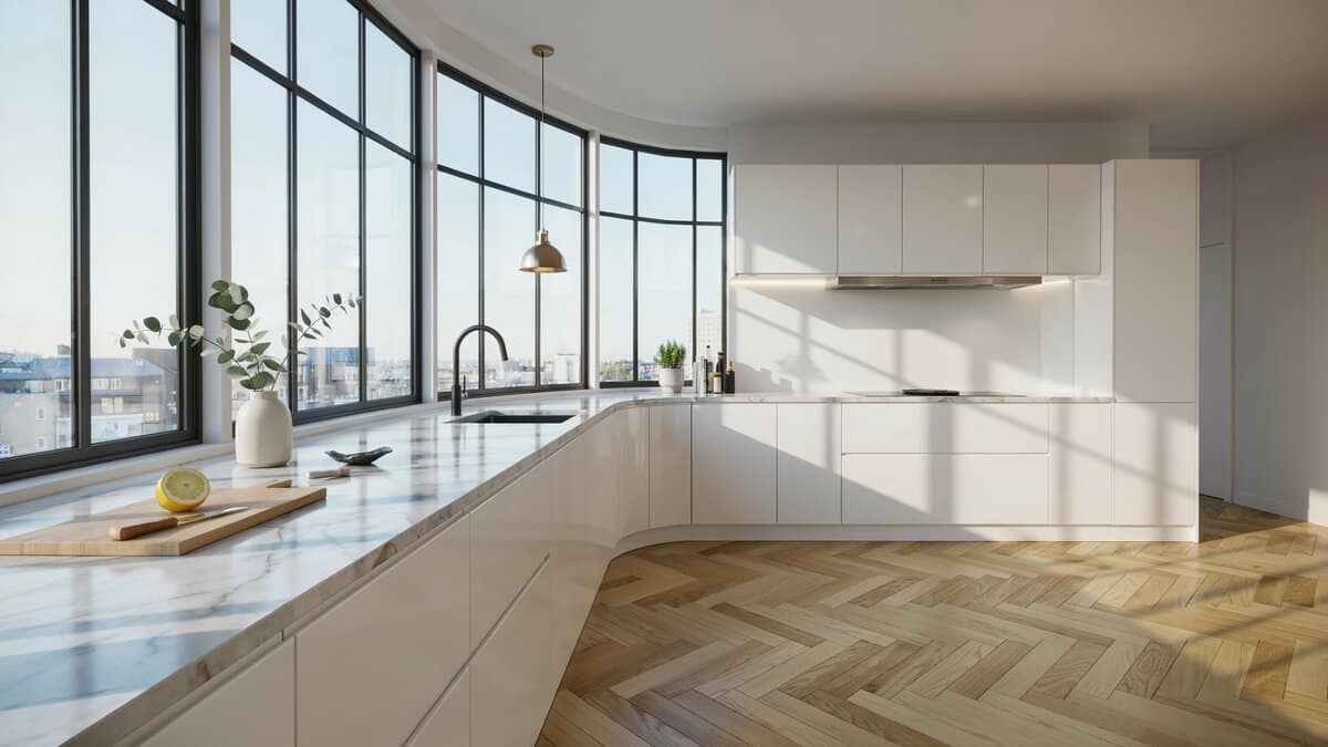 Curved white European cabinets follow a wall of windows with marble counters