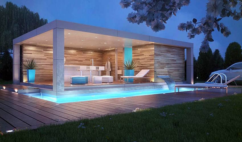 Modern swimming pool with waterfall and outdoor living room