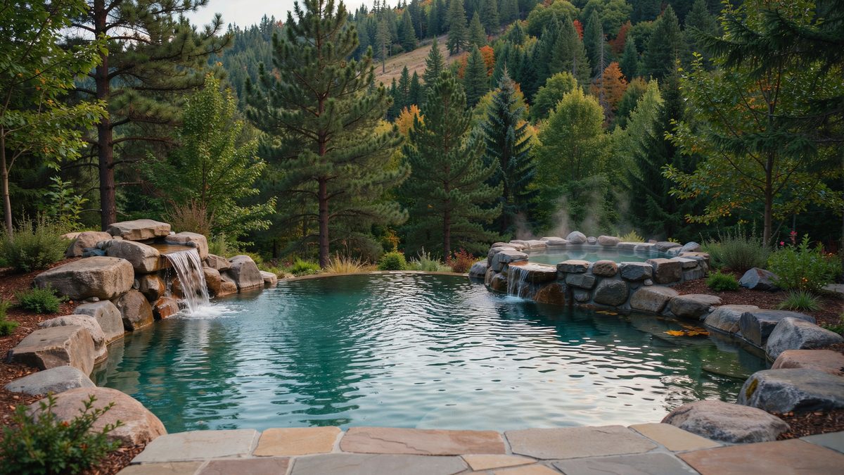 Boulder rimmed mountain pond pool spilling from a spa below tall pines
