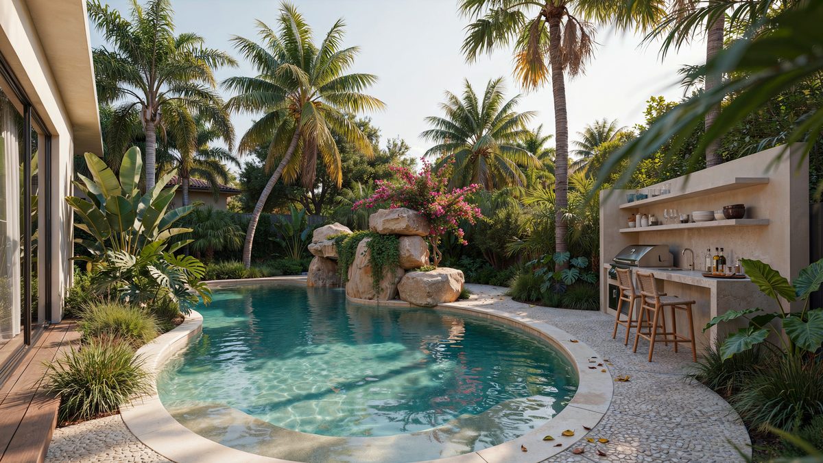 Rounded oasis pool with boulder island and outdoor bar under swaying palms