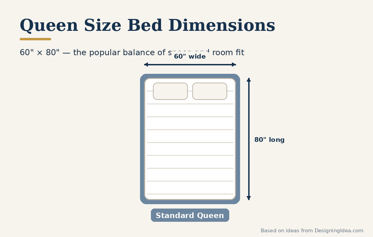 Queen mattress diagram labeled 60 inches wide and 80 inches long with pillows