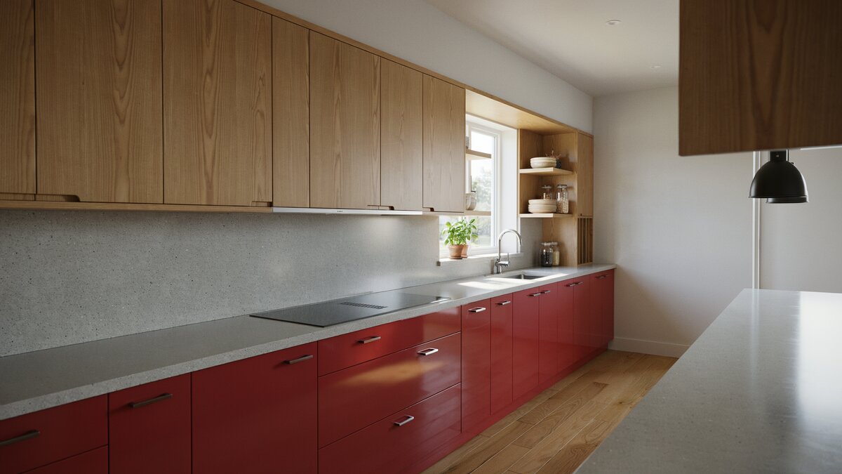 Glossy red base cabinets sit below warm horizontal wood grain upper cabinetry