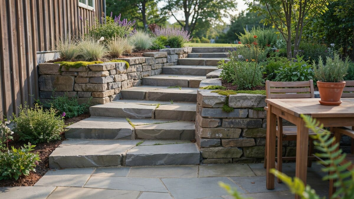 Wide grey stone steps climbing a terraced backyard with stacked retaining walls
