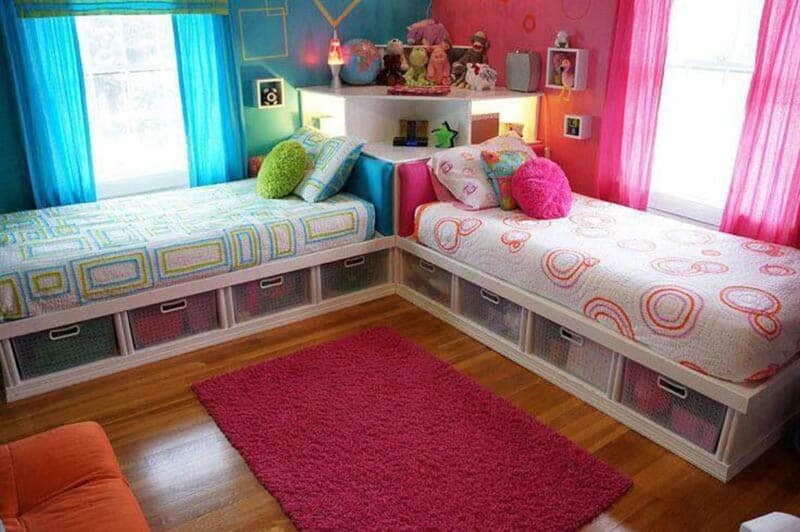 Shared boys and girls bedroom with under bed storage