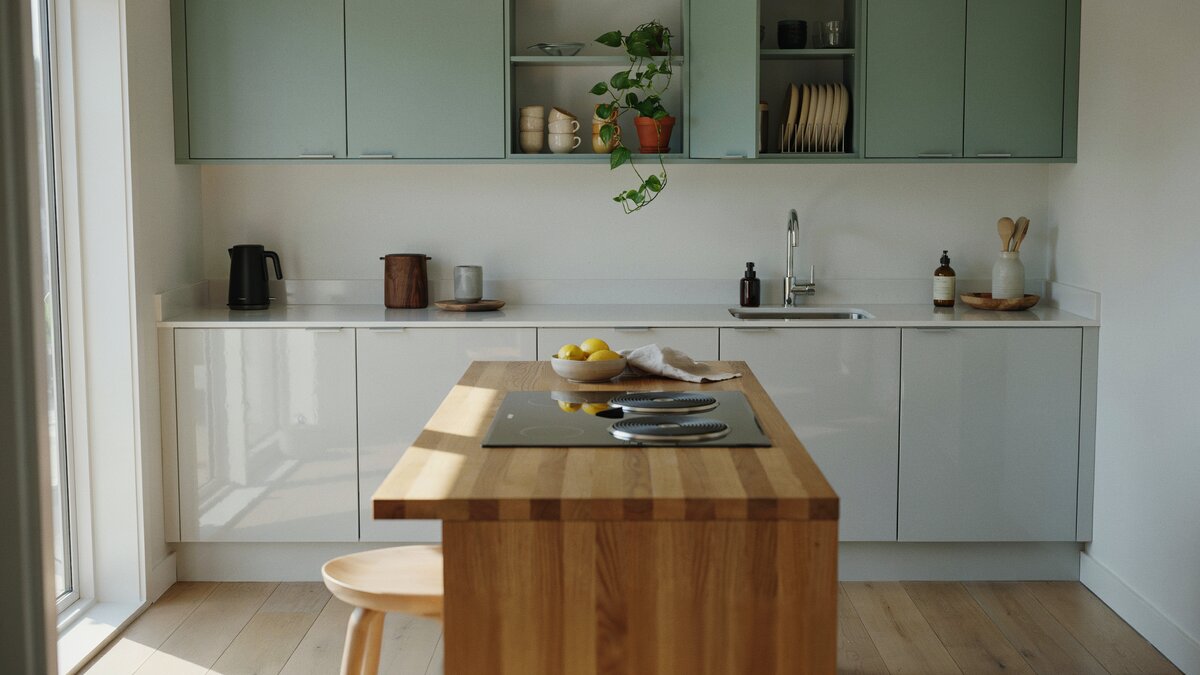 Sage green upper cabinets float above white gloss bases and a butcher block island