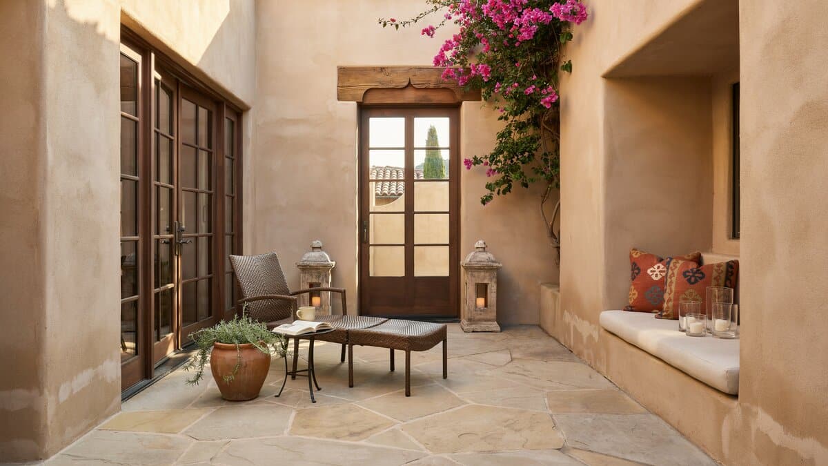Tan stucco courtyard with arched doors, built in bench and bougainvillea