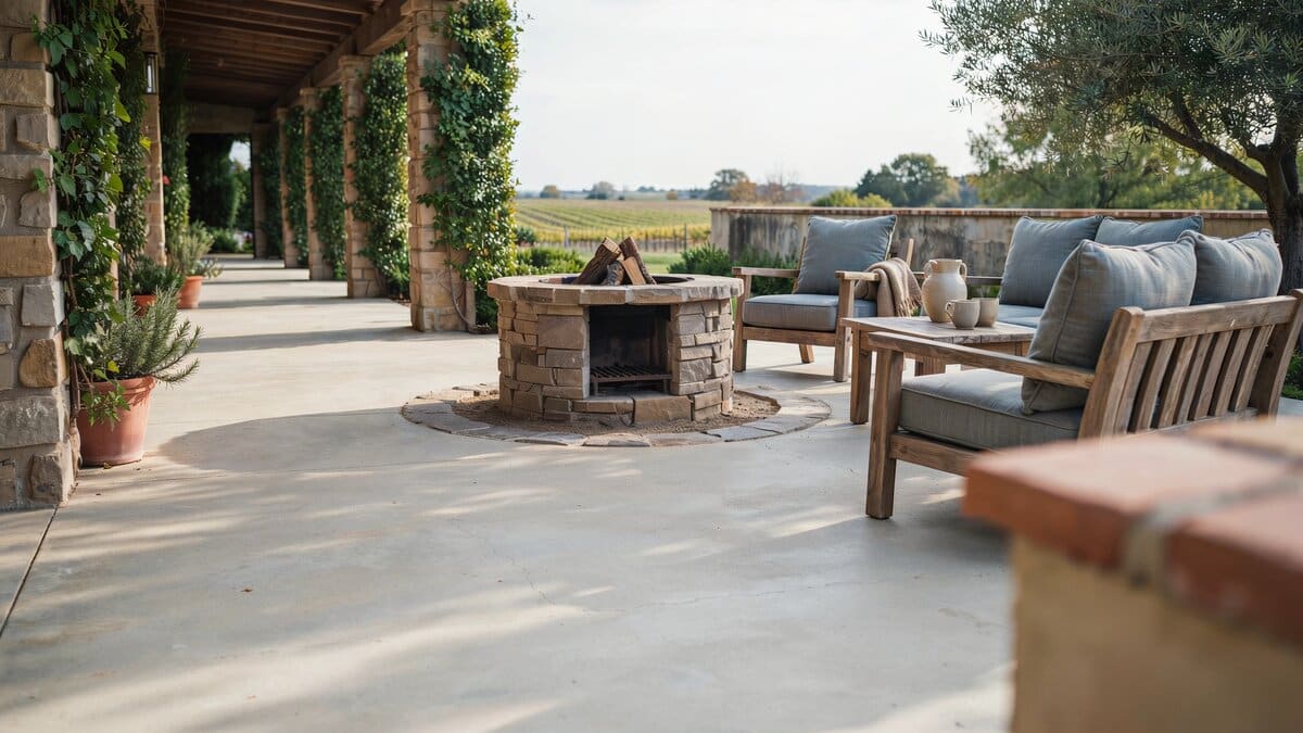 Ivy covered stone columns lining a concrete patio with round fire pit
