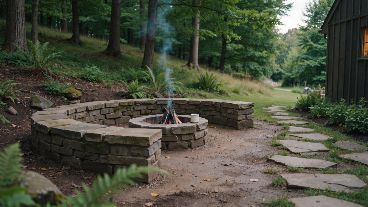Curved stone block bench ringing a lit fire pit in a wooded clearing