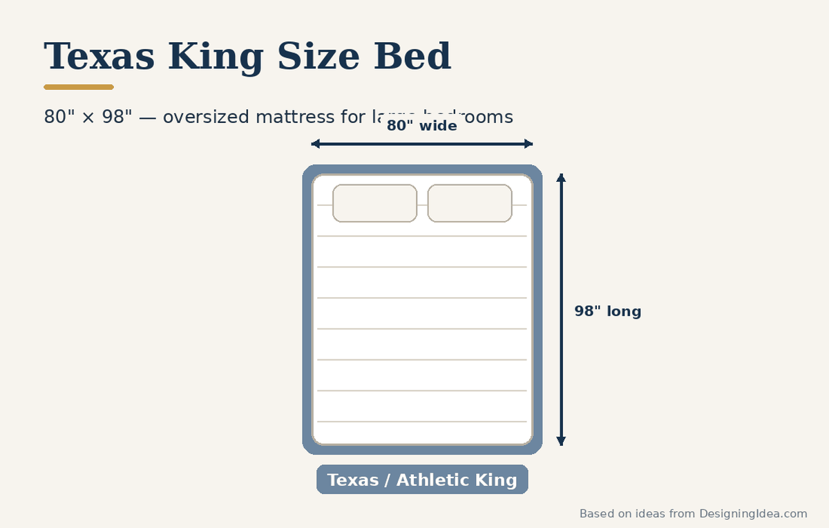 Oversized Texas athletic king mattress drawing labeled 80 inches wide and 98 inches long