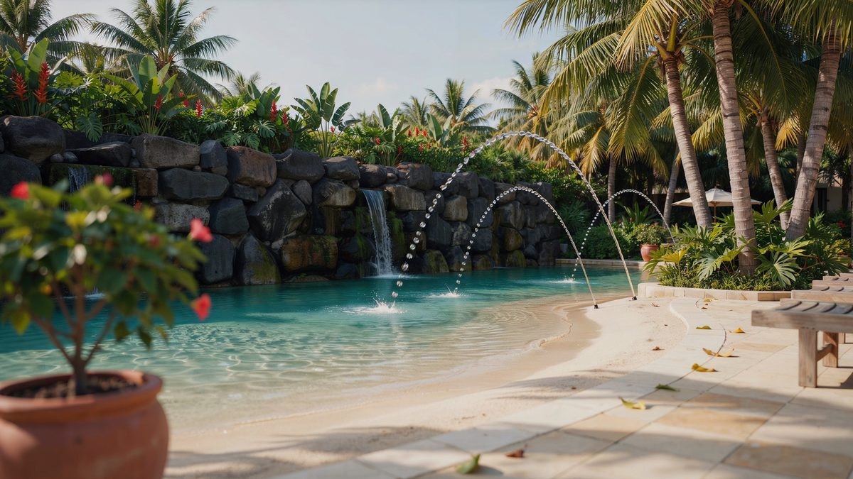 Tropical pool with sand entry, arcing water jets and a rock grotto