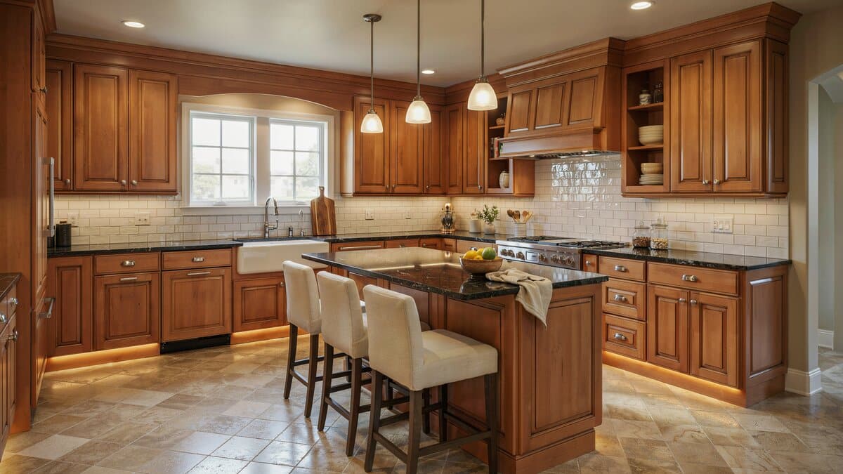 Traditional kitchen with black granite wraparound counters and a breakfast bar island