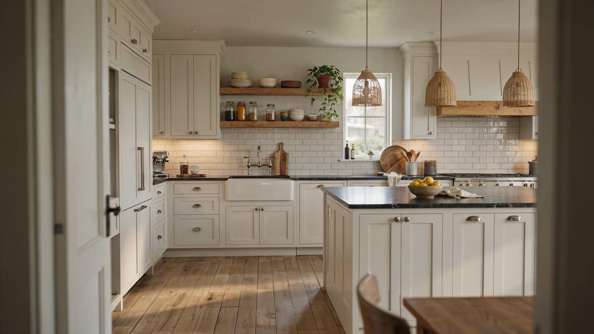 Rustic white kitchen with leathered Absolute Black granite countertops and wood accents