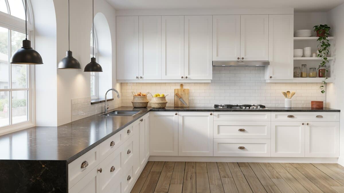 Kitchen with dark Angola black granite countertops and white raised panel cabinetry