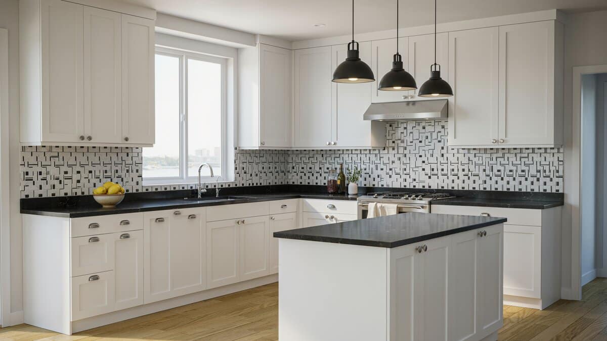 White cabinet kitchen with black granite counters and basketweave tile backsplash