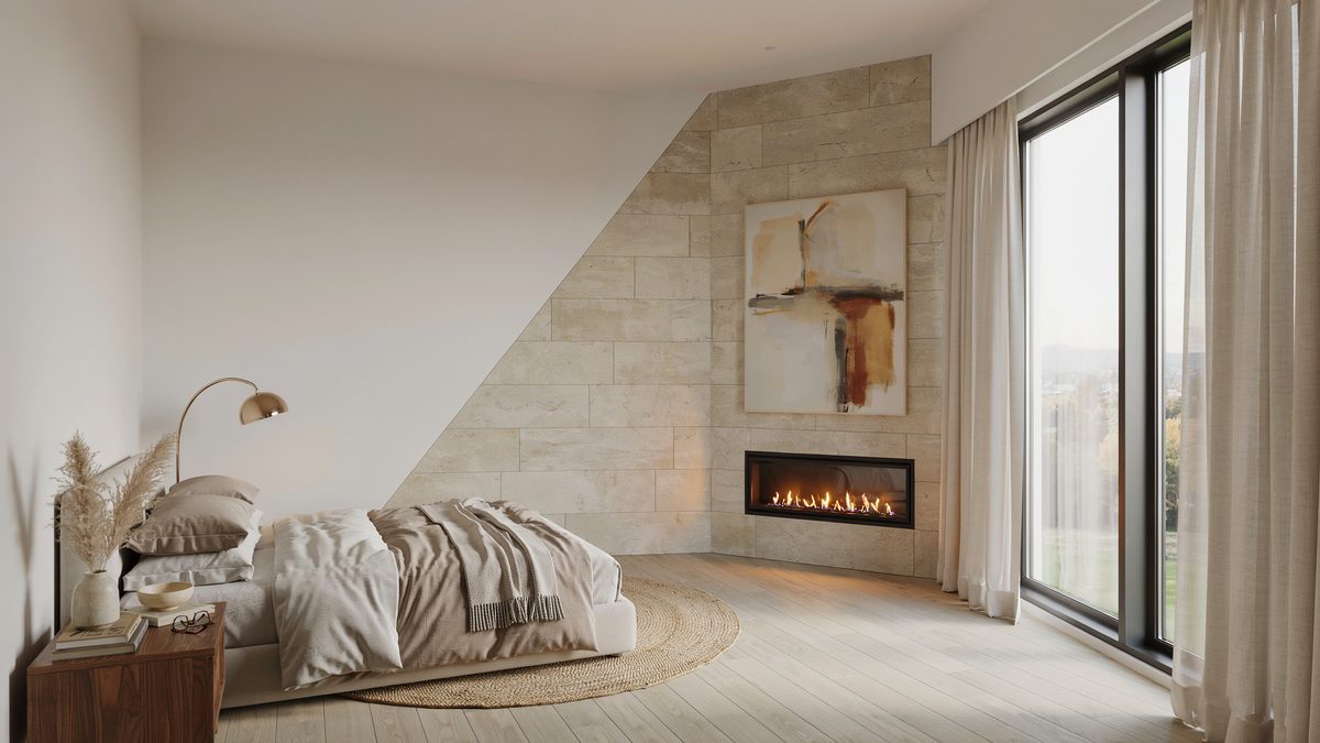 Sandstone corner wall with a long low firebox under abstract framed artwork