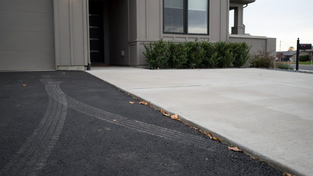 Black asphalt drive meeting a pale poured concrete apron beside a gray modern facade