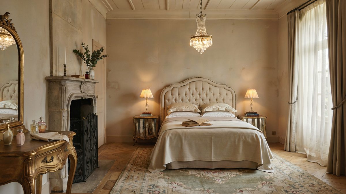 Tufted cream headboard bedroom with stone fireplace and gilded vanity mirror