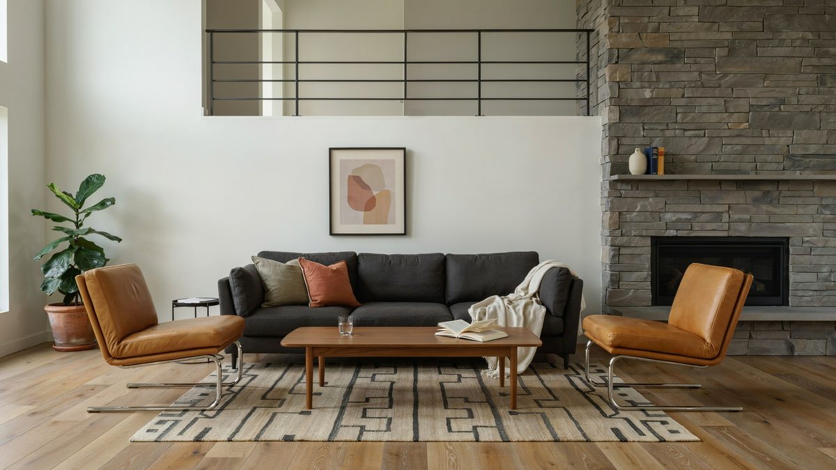 Room with matte hickory floors, stone cladding fireplace wall and sectional sofa