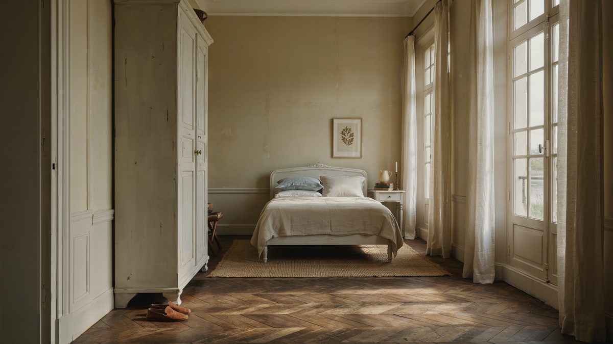 Pale gray paneled bedroom with tall windows and herringbone wood flooring