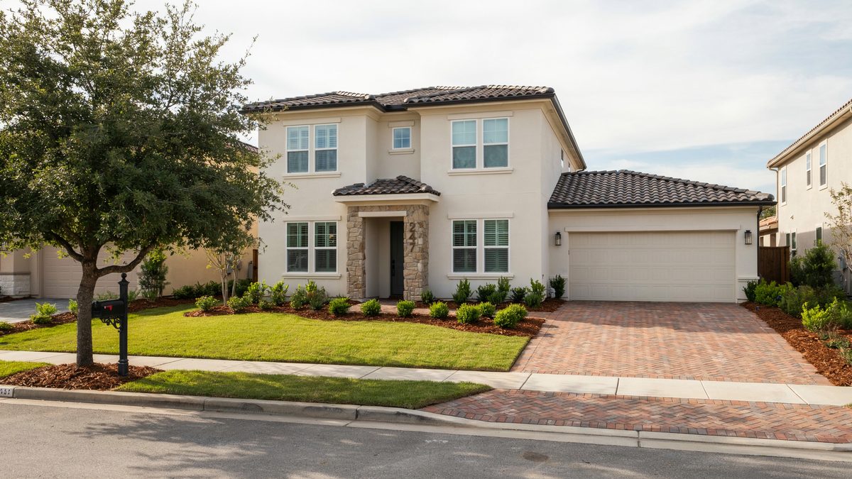 Cream stucco two story home with a tile roof and a red brick paver driveway