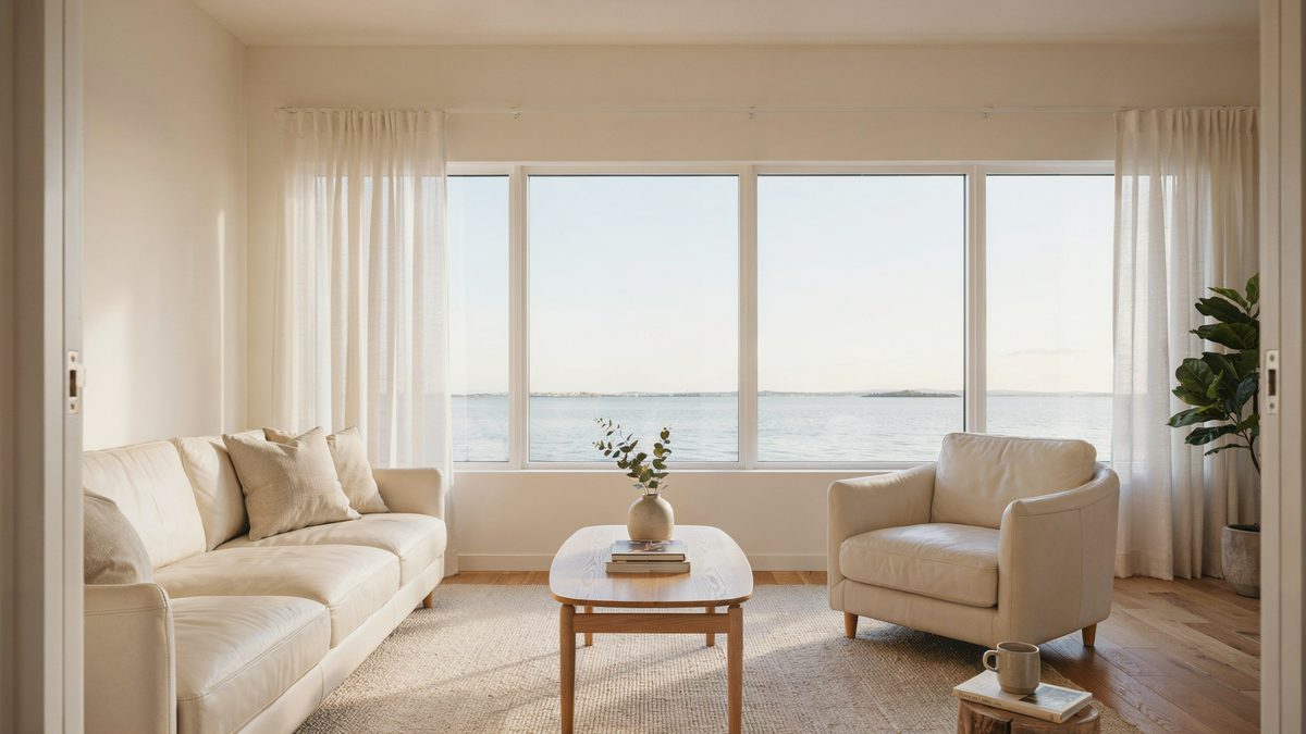 Large windows, white leather sofa, oak coffee table and beige area rug