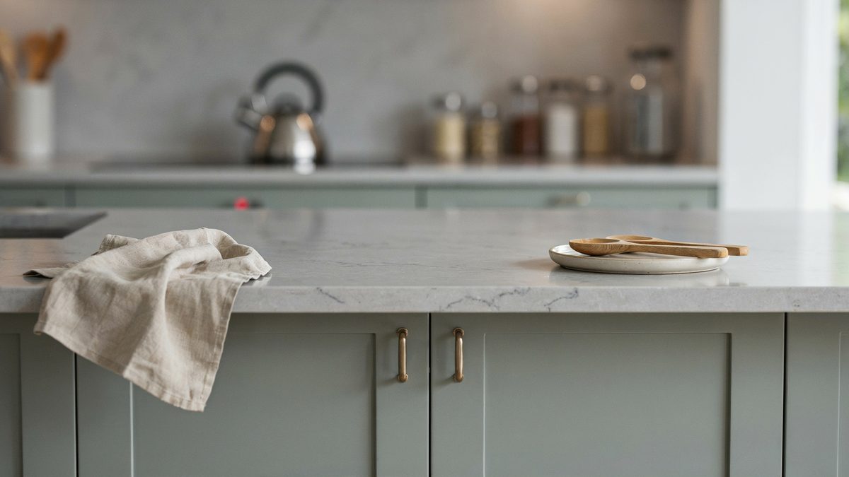 Marble counter edge above sage green shaker cabinet doors with brass bar pulls