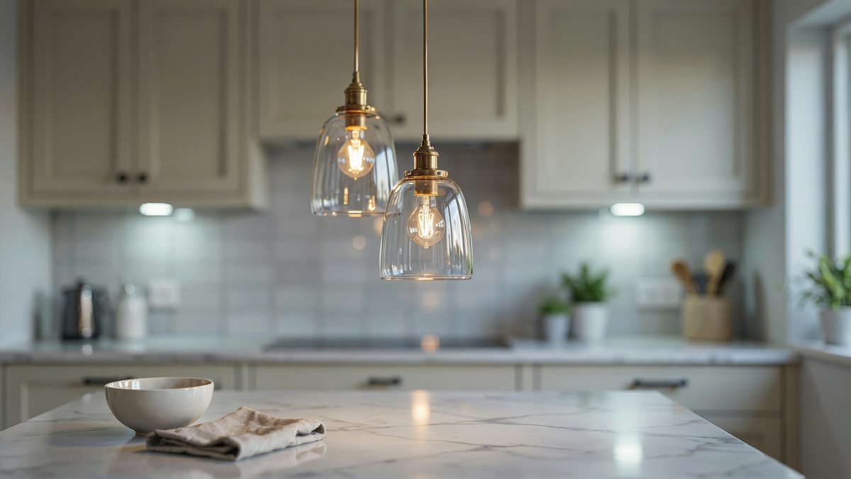Two clear glass pendants with exposed bulbs glowing over a marble island counter