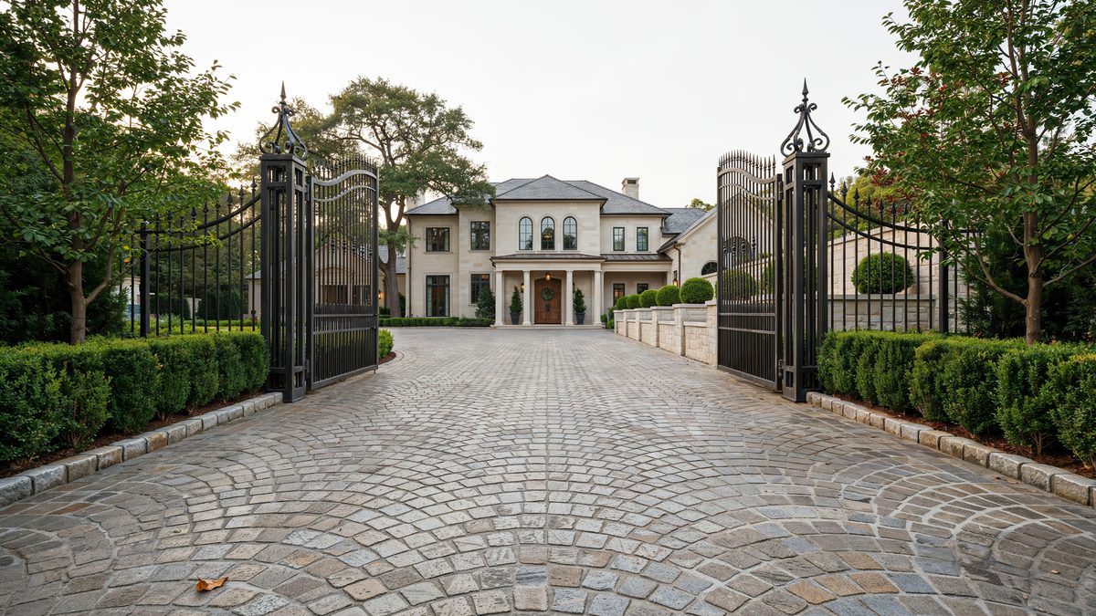 Cobblestone paver driveway running through open wrought iron gates toward a stone estate