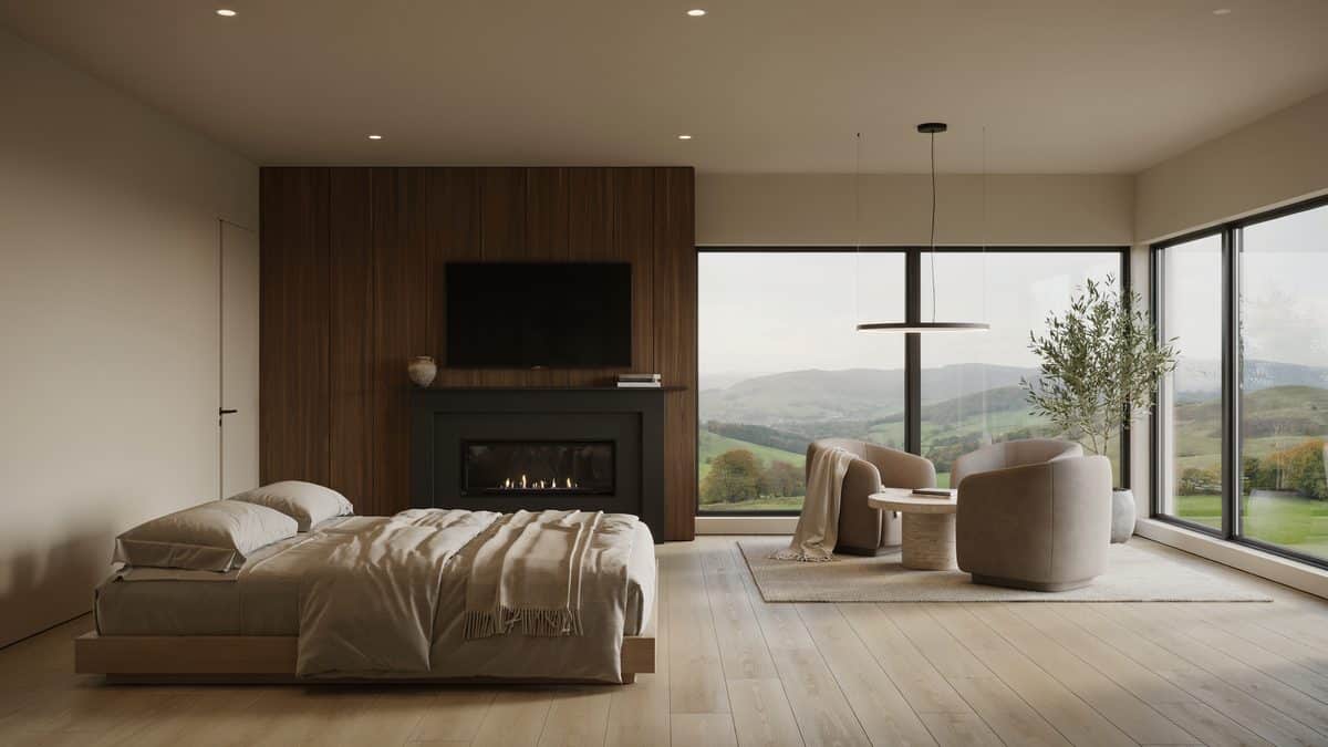 Walnut feature wall holding a linear gas fireplace beneath a mounted flat screen